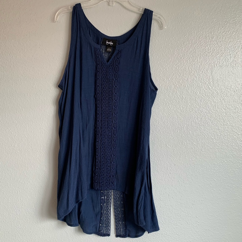 By & By navy sheer tank with lace.